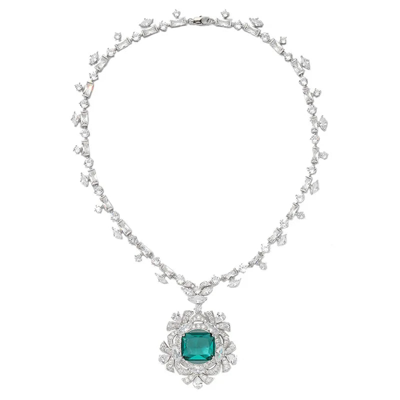 Rhodium Plated Fine Pendant Necklace Exquisite Fan-Shape with Handmade Zircon Inlay Elegant Charm for Weddings Banquets Parties