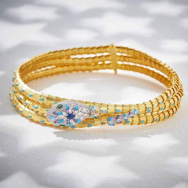 18K Gold Blue Three-Layer Princess Snake Pendant Necklace Luxury Unisex Wedding Engagement Accessory Trendy Brass Zircon Banquet