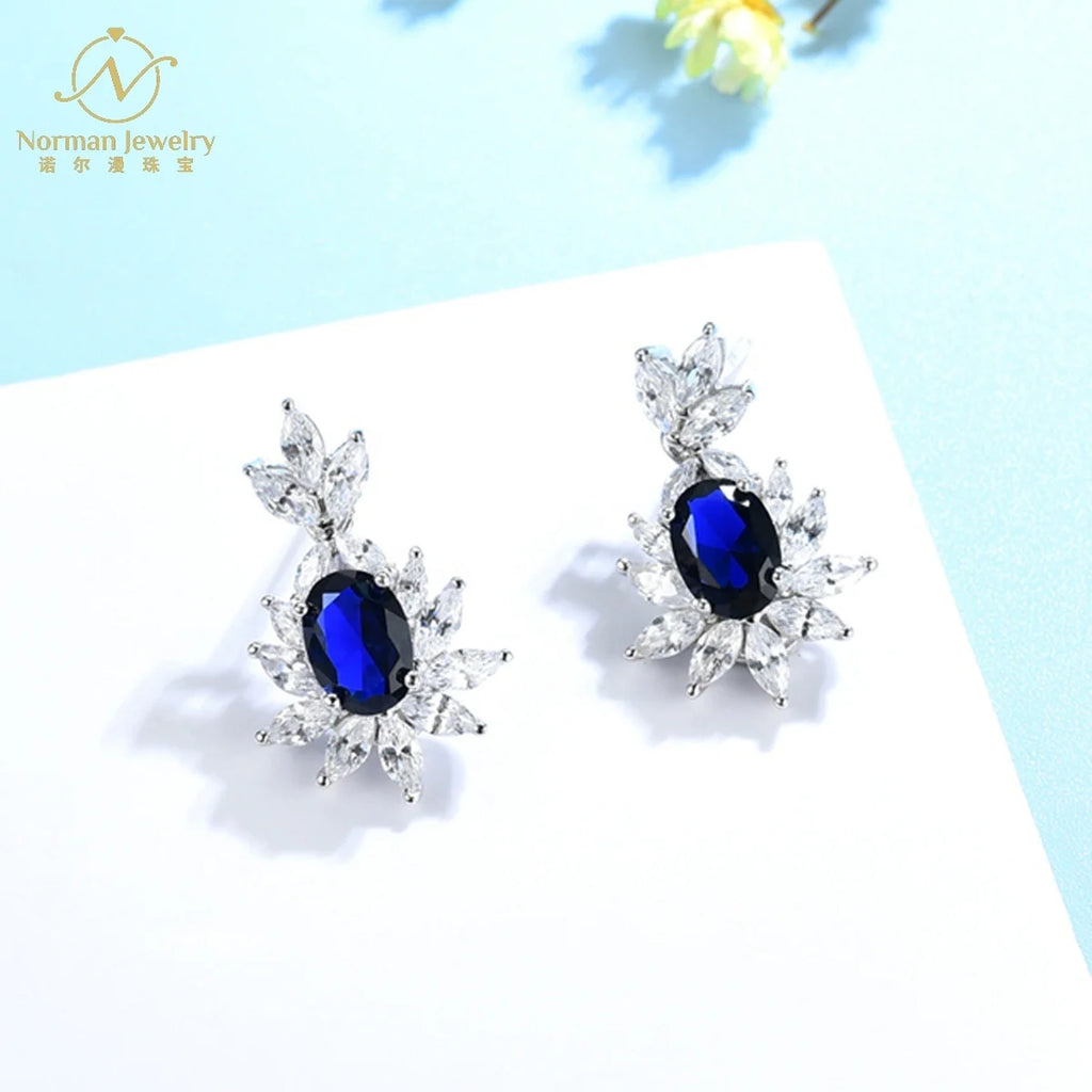 Luxury Gemstone Jewelry White Gold Natural Unheated Cornflower Sapphire Wedding Earrings