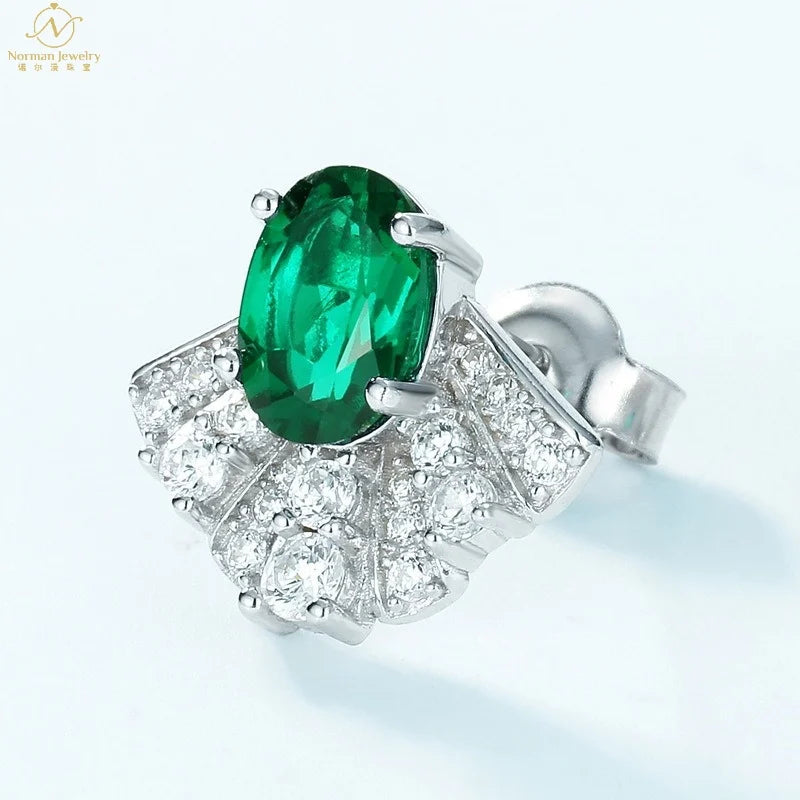 European American Elegant Cross-Border S925 Silver Fine Stud Earrings Cute Fan-Shaped Brilliant Cultivated Emerald Full Set