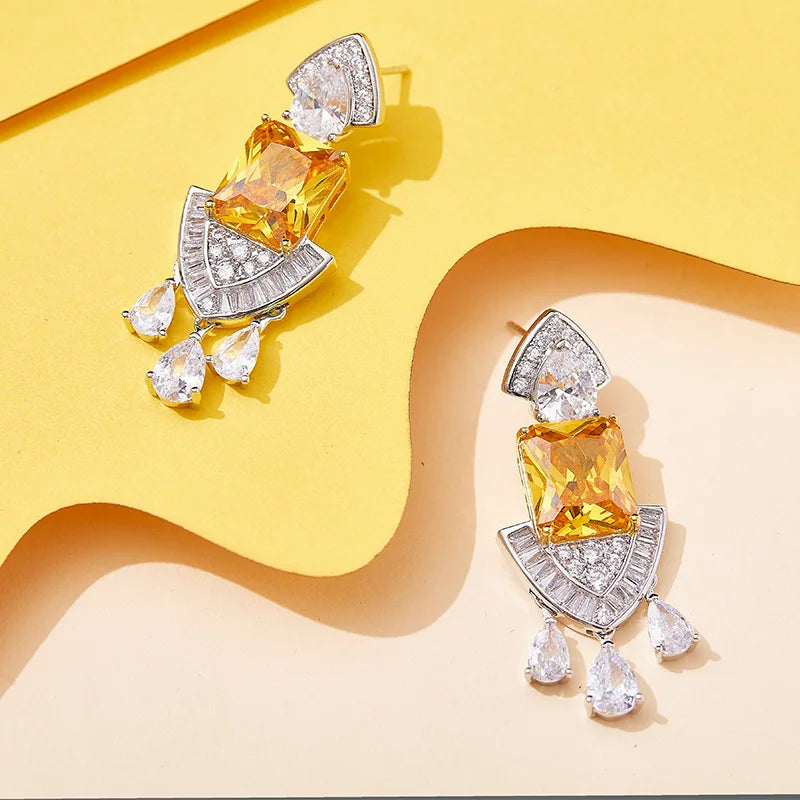 Factory-Designed High-End Yellow Tassel Earrings with Zircon Pearl Diamond Gold Plated on Luxurious Classic Brass for Gifts