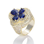Blue Gemstone Flower Shape Rings White Gold Plated Hip Hop Style Iced Four Leaf Diamond Ring for Women Made Brass for Engagement