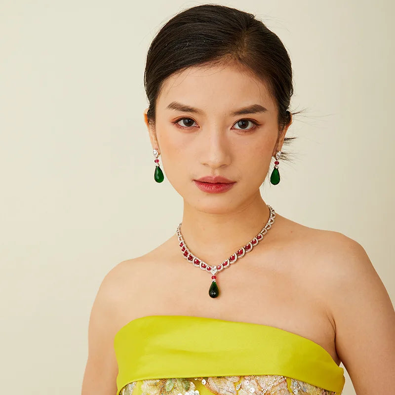 Trendy Crystal Water Necklace with Exquisite Rhodium-Plated Goddess Design Brass Pendant Green Water Droplet for Grandmothers