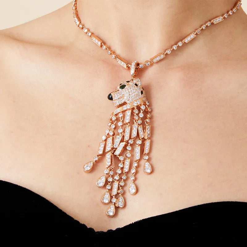18K Gold-Plated Exquisite Pendant Necklace Zircon Heavy Industry Enamel Leopard Print Tassel Men's Women's Luxury Sweater Chain