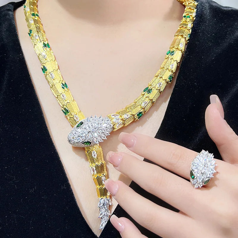 45Cm Gold Women Necklace Serpentine Green Zircon Fine Jewelry Necklaces for Ladies