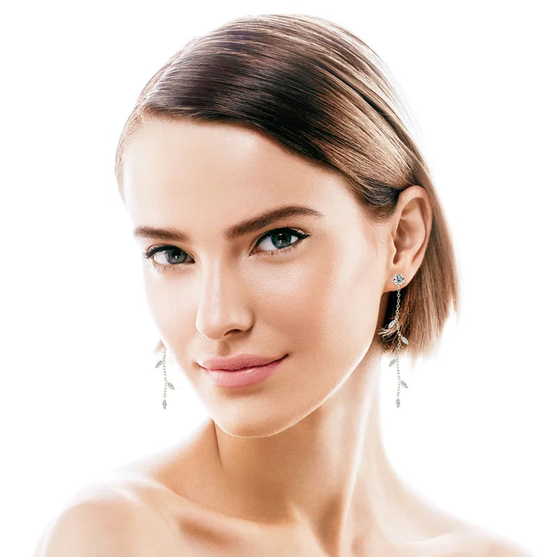 Korean Japanese Inspired Silver Stud Earrings Fresh Tempered Willow Leaf Design Fairy Long Moissanite Versatile Simple Trendy