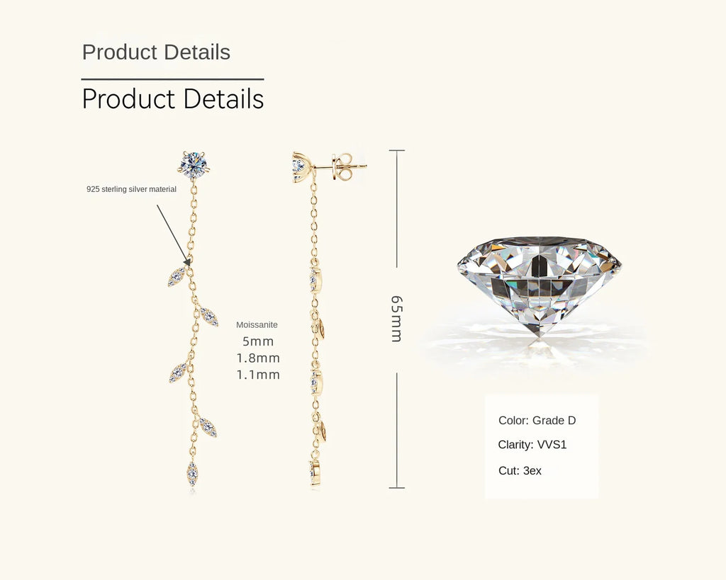 Korean Japanese Inspired Silver Stud Earrings Fresh Tempered Willow Leaf Design Fairy Long Moissanite Versatile Simple Trendy